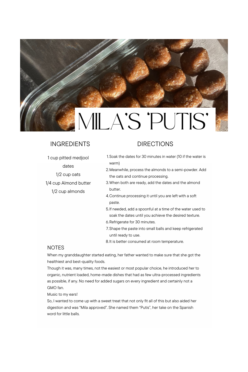 Recipe page from Choose You featuring Mila’s Putis and a photograph of freshly baked rolls.